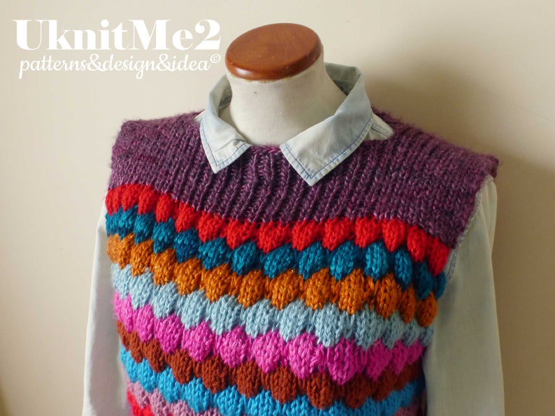 Vest Knit Pattern SCRAPS Tee Bubble Stitch vest knitting pattern Reuse Yarn Lefts ONE piece S/M/L beginner knits warm EASY zdjęcie 5