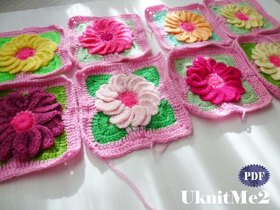 Granny Square Crochet Pattern Blanket Gerbera 3D Flower Motif Afghan Throw Bedding Beadspread Granny Square Pattern PHOTO Tutorial Etsy Canada