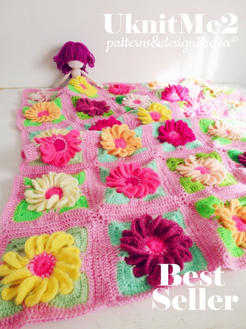 Granny Square Blanket crochet pattern Floral Gerbera 3D Flower granny square crochet motif afghan crochet bedding granny square pattern image 1