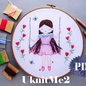 Beginner Hair Embroidery Pattern Swinging Girl Embroidery Hoop Modern Embroidery Photo tutorial print pattern easy hair embroidery girl image 3