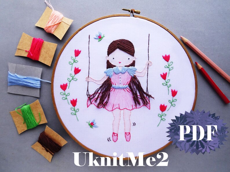 Beginner Hair Embroidery Pattern Swinging Girl Embroidery Hoop Modern Embroidery Photo tutorial print pattern easy hair embroidery girl image 3