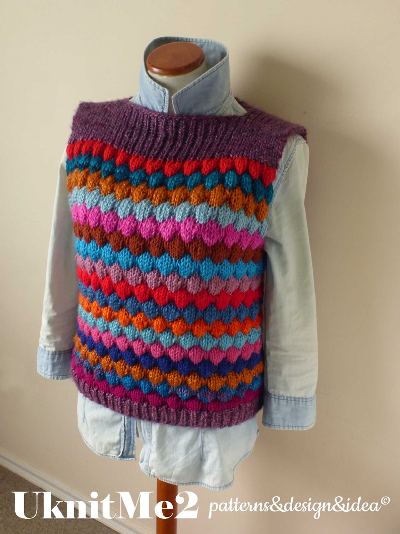 Vest Knit Pattern SCRAPS Tee Bubble Stitch vest knitting pattern Reuse Yarn Lefts ONE piece S/M/L beginner knits warm EASY image 2