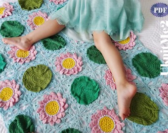 Baby Blanket Lotus & Leaves crochet pattern - Lotus Flower granny square - PHOTO tutorial girl blanket , throw crochet pattern floral motifs