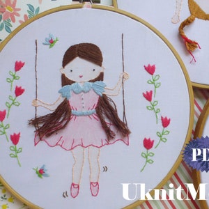 Beginner Hair Embroidery Pattern Swinging Girl Embroidery Hoop Modern Embroidery Photo tutorial print pattern easy hair embroidery girl image 4