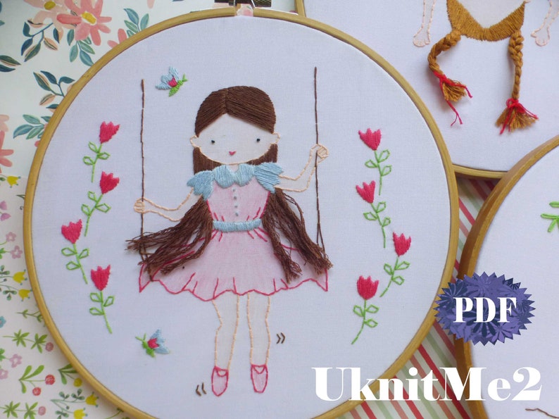 Beginner Hair Embroidery Pattern Swinging Girl Embroidery Hoop Modern Embroidery Photo tutorial print pattern easy hair embroidery girl image 4