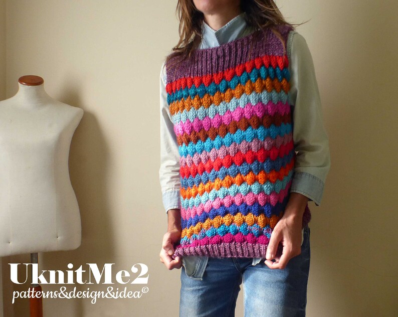 Vest Knit Pattern SCRAPS Tee Bubble Stitch vest knitting pattern Reuse Yarn Lefts ONE piece S/M/L beginner knits warm EASY zdjęcie 6