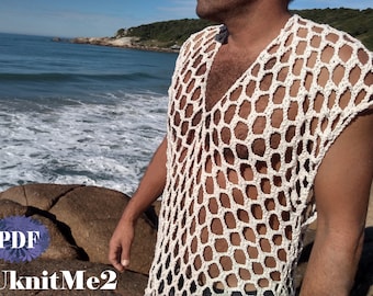 Cover Up Crochet Pattern mesh dress beach net t-shirt for MEN/ WOMEN summer Man beach coverup crochet - Mesh adjustable woman tee/dress