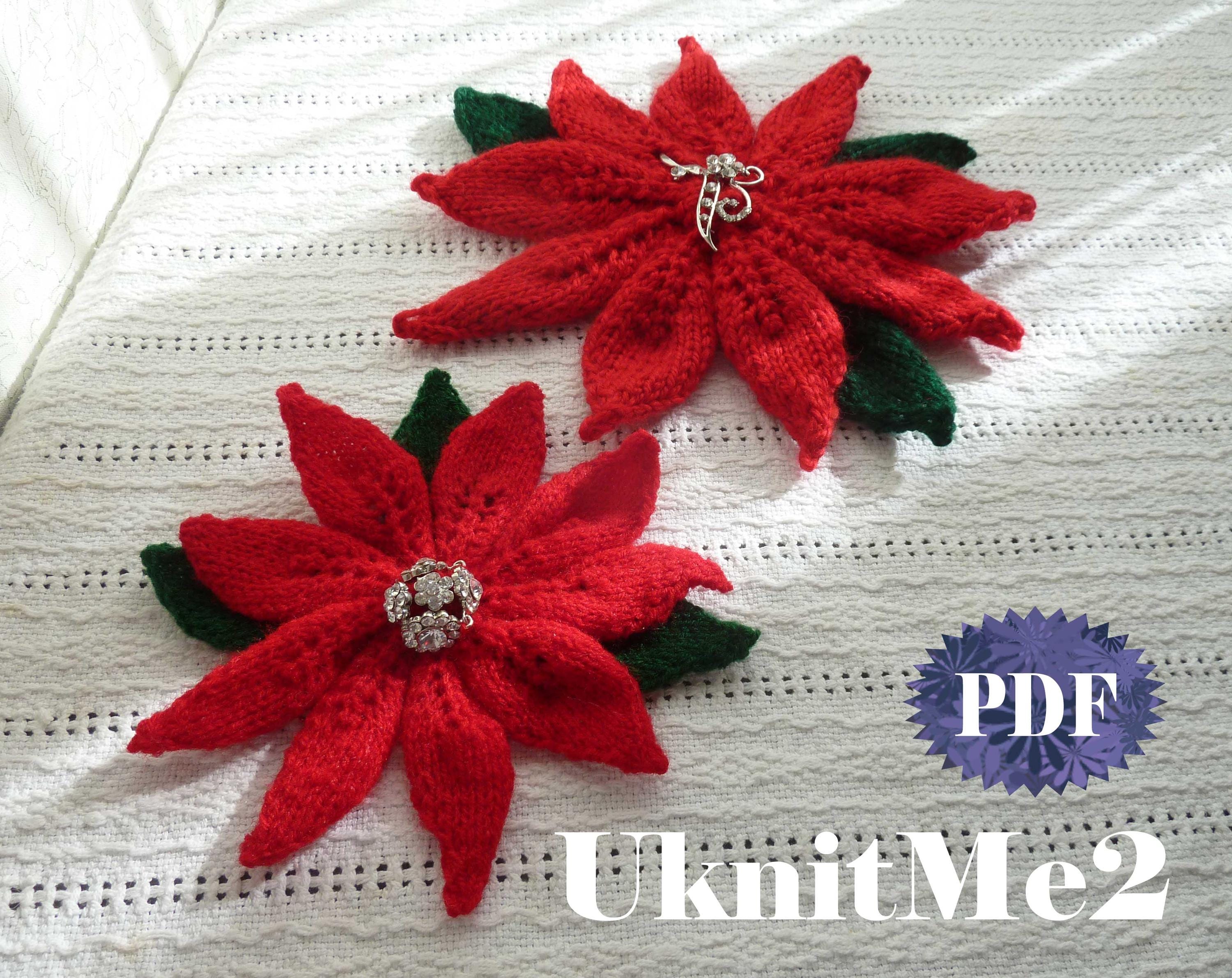 Flower Knit Pattern Poinsettia - brooch, Christmas wreath, tree ornament Applique knit pattern Flower Christmas accessory poinsettia flower