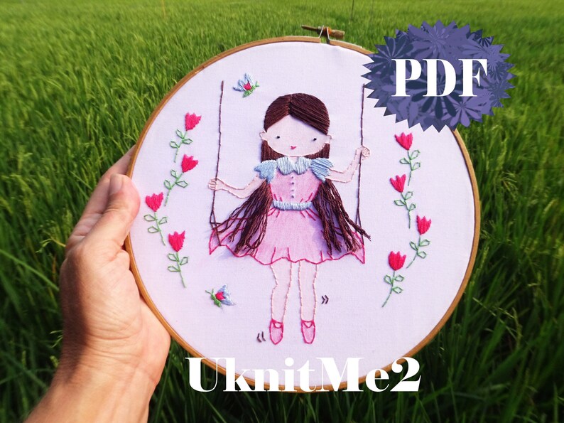 Beginner Hair Embroidery Pattern Swinging Girl Embroidery Hoop Modern Embroidery Photo tutorial print pattern easy hair embroidery girl image 2