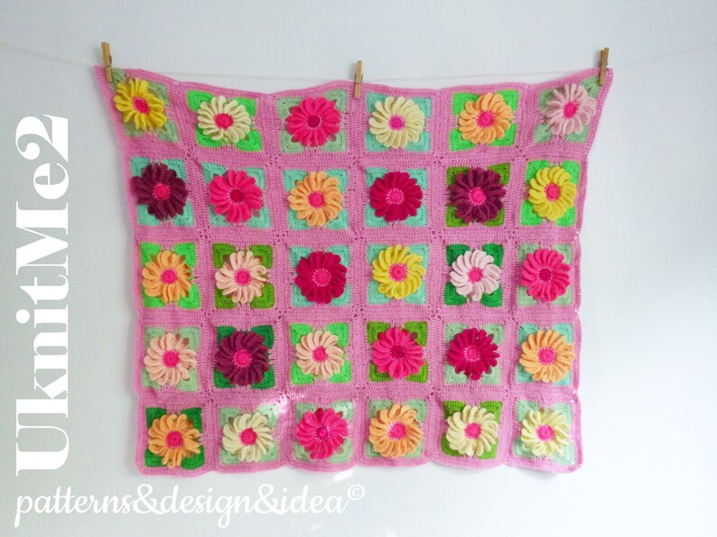 Granny Square Blanket crochet pattern Floral Gerbera 3D Flower granny square crochet motif afghan crochet bedding granny square pattern image 6