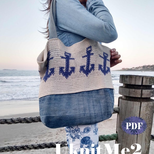 Beach Tote Crochet Pattern - Bag crochet recicle/reuse old jean - basic sew machine skill - photo tutorial Big Bag Summer crochet Anchor