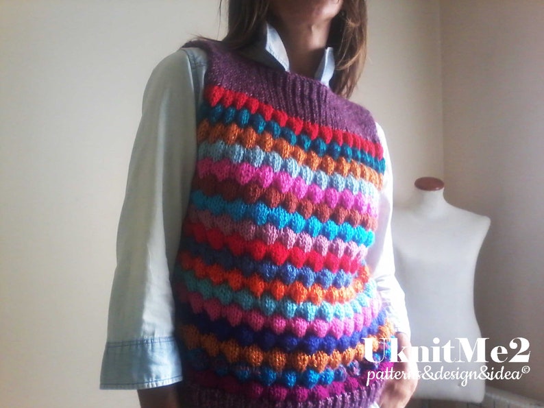Vest Knit Pattern SCRAPS Tee Bubble Stitch vest knitting pattern Reuse Yarn Lefts ONE piece S/M/L beginner knits warm EASY image 8