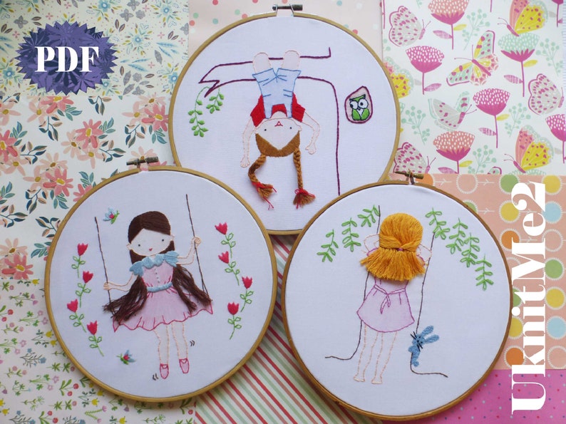 Beginner Hair Embroidery Pattern Swinging Girl Embroidery Hoop Modern Embroidery Photo tutorial print pattern easy hair embroidery girl image 6