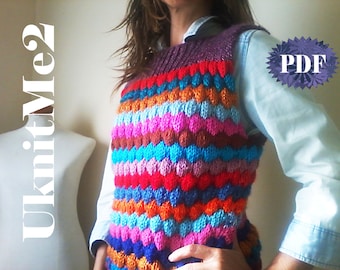 Vest Knit Pattern - SCRAPS Bubbles Vest knitting pattern ONE piece S/M/L beginner knits warm EASY Reuse Yarn Lefts winter tee