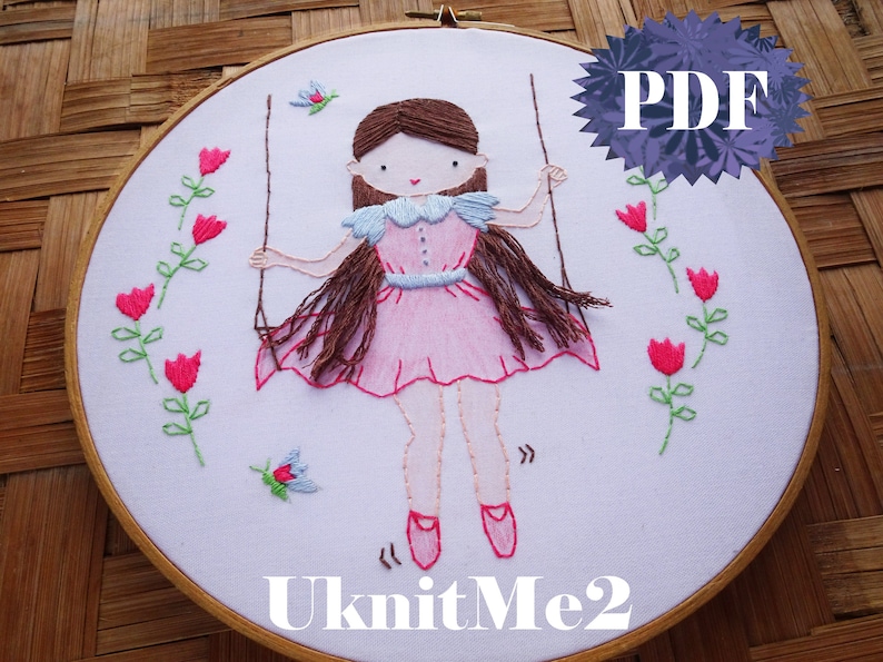 Beginner Hair Embroidery Pattern Swinging Girl Embroidery Hoop Modern Embroidery Photo tutorial print pattern easy hair embroidery girl image 1