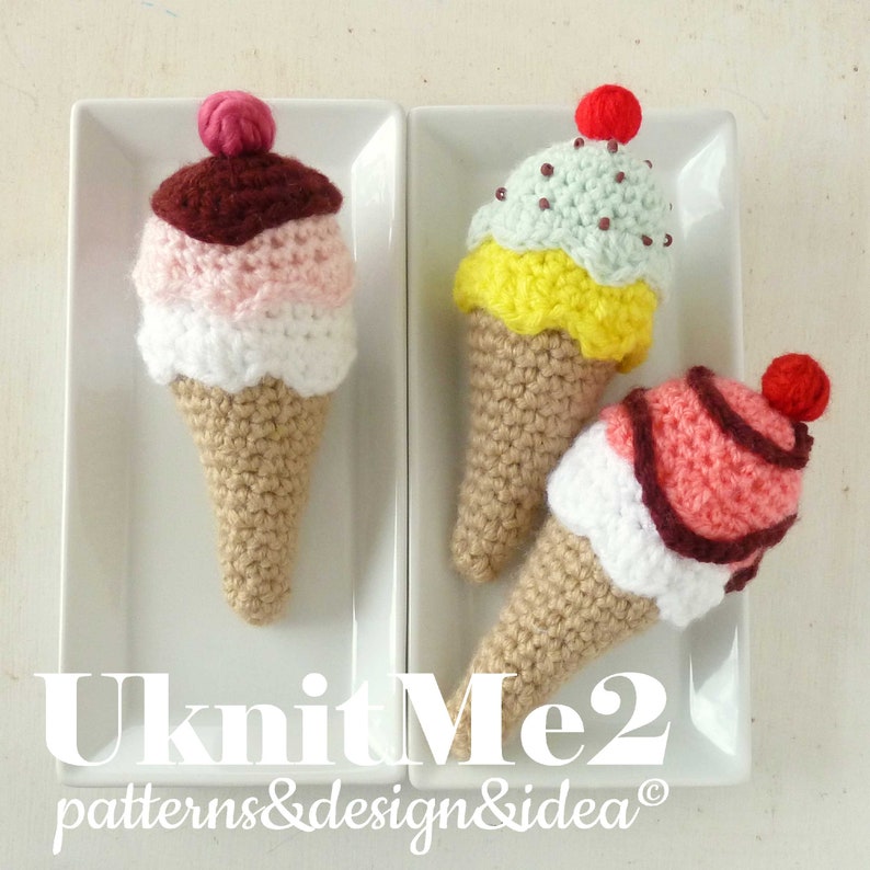 Crochet Pattern Ice Cream tiny amigurumi rattle or baby mobile playful crochet, decor amigurumis easy beginner ice creams crochet pattern image 2