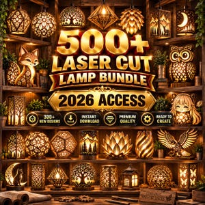 May include: A digital collection of 500+ laser cut lamp designs featuring various shapes like animals, trees, geometric patterns, and floral motifs. The display includes text reading 500+ LASER CUT LAMP BUNDLE 2026 ACCESS with icons for download and quality.