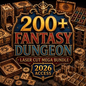 Pack ultime de plus de 200 fichiers de découpe laser pour donjons fantastiques, designs RPG, formats svg, dxf, cdr, ai, eps et pdf, téléchargement instantané