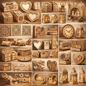 Può includere: Una collezione di oggetti in legno intagliati in modo intricato, tra cui scatole, cornici per foto, orologi, lanterne e forme decorative. I disegni presentano cuori, motivi floreali ed elementi architettonici.