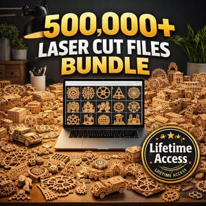 May include: A laptop screen showcases laser cut file designs, with many wooden laser cut models around it. The image includes the text "500,000+ LASER CUT FILES BUNDLE" and a "Lifetime Access" badge. The wooden models feature gears, vehicles, and architectural designs.