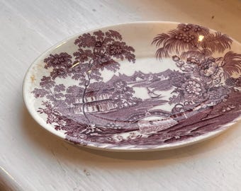 Piatto ovale piccolo vintage Royal Staffordshire Clarice Cliff Tonquin Mulberry Purple Transferware / Vassoio portagioie antico in stile Chinoiserie 6x4