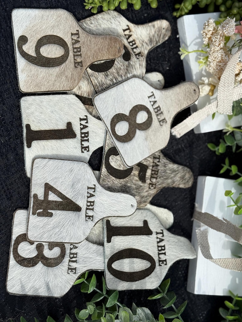 Engraved Cowhide Ear Tag Table Numbers, Rustic Western Wedding Decor ...