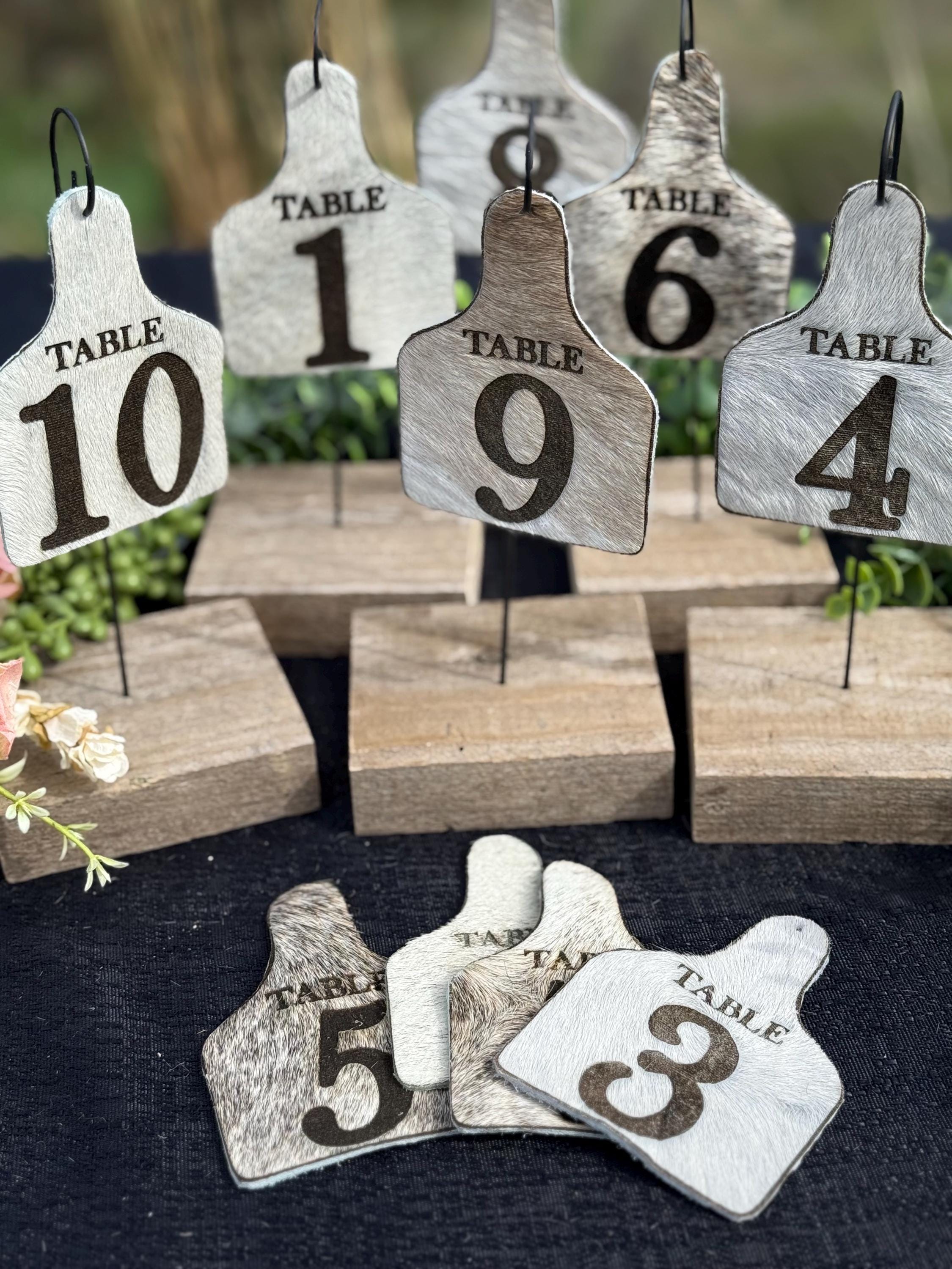 Engraved Cowhide Ear Tag Table Numbers, Rustic Western Wedding Decor ...