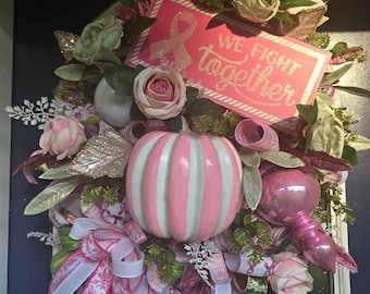 Breast Cancer Awareness Wreath, Pink Ribbon Wreath, Breast Cancer Decor, Pink Pumpkin Wreath, We Fight Together Door Decor, One-of-a-kind