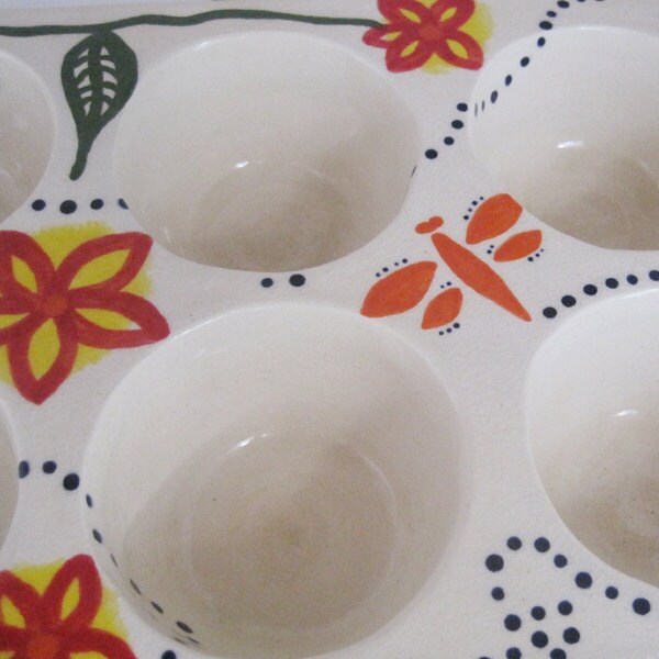 Ceramic Muffin or Cupcake Pan with Flower Dragonfly and Dot Etsy