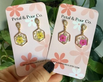 Hexagon Real Flower Earrings
