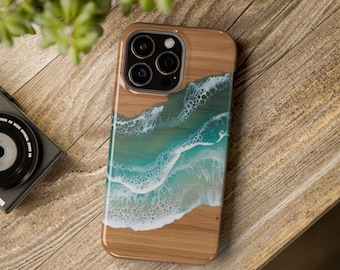 Funda para iPhone Ocean Wave: Diseño costero de madera y resina