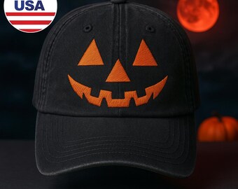 Custom Name Halloween Pumpkin Face Embroidered Hat Vintage Washed Black Cotton Baseball Cap  Funny Jack O Lantern Dad Hat Gift for Men Women