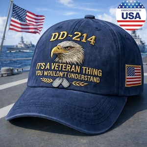 Custom Name DD-214 Veteran Hat Eagle Embroidered Navy Cap Military Pride Gift Embroidered in USA Patriotic Service Honor Cap Headwear Gift