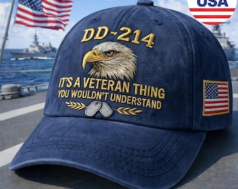 Custom Name DD-214 Veteran Hat Eagle Embroidered Navy Cap Military Pride Gift Embroidered in USA Patriotic Service Honor Cap Headwear Gift