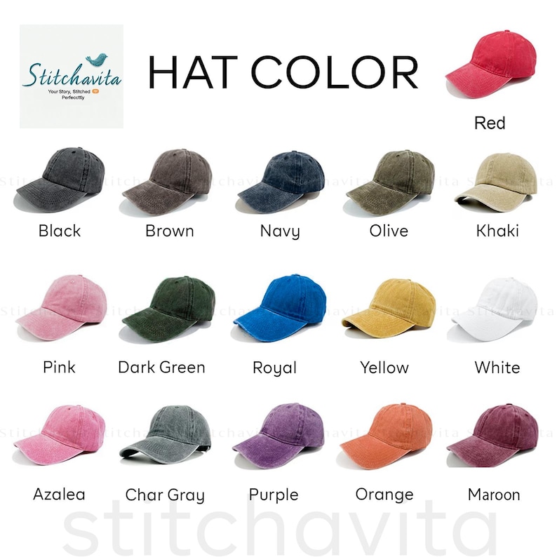 K&ouml;nnte beinhalten: Eine Auswahl an Baseballkappen in verschiedenen Farben: Rot, Schwarz, Braun, Marineblau, Oliv, Khaki, Pink, Dunkelgr&uuml;n, Royalblau, Gelb, Wei&szlig;, Azalee, Anthrazitgrau, Lila, Orange und Burgunderrot. Der Text "HAT COLOR" ist zu sehen.