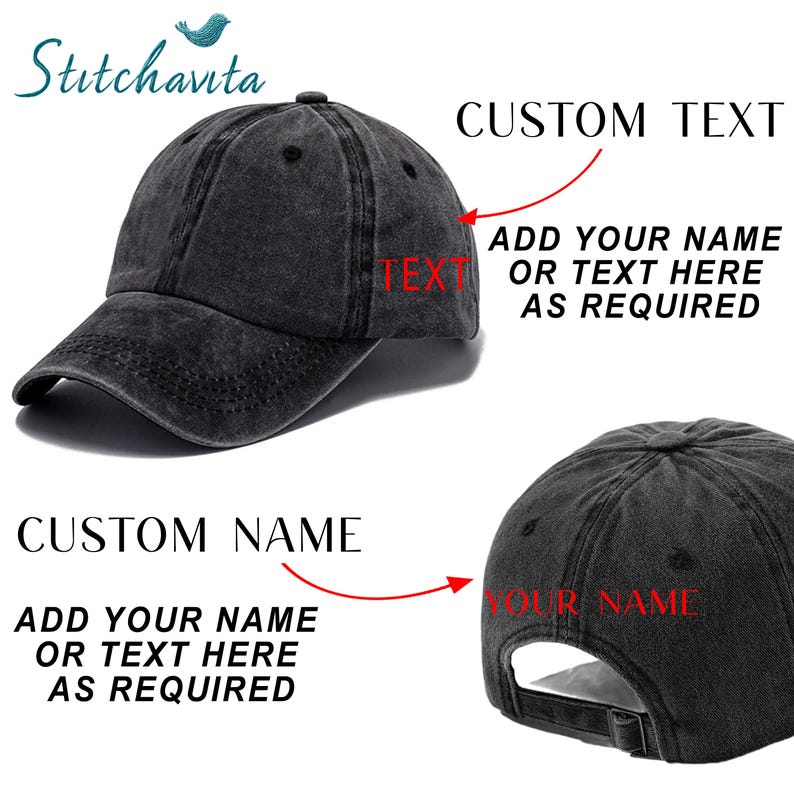 K&ouml;nnte beinhalten: Eine schwarze, ausgewaschene Baseballkappe mit gebogenem Schirm. Auf der Kappe steht "CUSTOM TEXT" und "CUSTOM NAME", mit Anweisungen zum Hinzuf&uuml;gen von individuellem Text. Das Stitchavita-Logo befindet sich oben links.