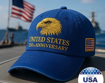 Custom Name United States 250th Anniversary Hat – Gold Eagle Embroidered Cap, Patriotic USA 1776–2026 Dad Hat, Freedom Gift for Veterans