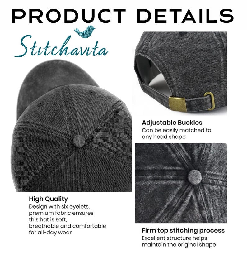 K&ouml;nnte beinhalten: Dunkelgraue Baseballkappe mit gebogenem Schirm und verstellbarer Schnalle. Die Kappe hat sechs &Ouml;sen und besteht aus weichem, atmungsaktivem Stoff. Der Text "Stitchavita" ist in Schreibschrift.