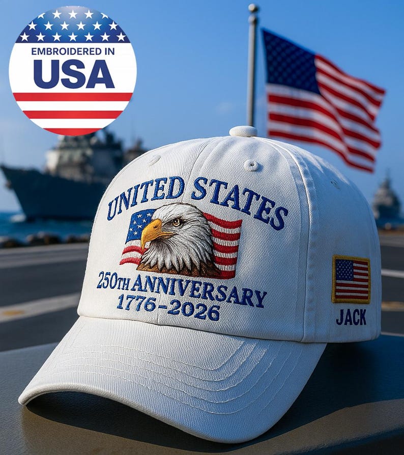 Custom Name United States 250th Anniversary Hat 1776–2026 White Eagle Embroidered Cap Patriotic USA Flag Embroidered in America Veteran Gift Bild 1