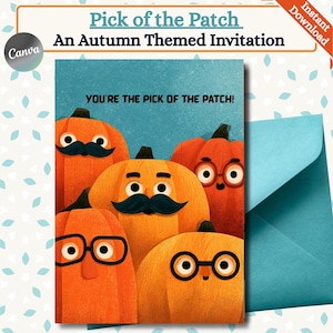 Invitación a un huerto de calabazas, invitación a una fiesta de cumpleaños de otoño, plantilla digital editable, calabazas con bigotes, fiesta de la cosecha de otoño, invitación a doble cara