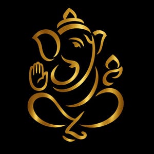 May include: A gold-coloured illustration of the Hindu deity Ganesha, shown seated with crossed legs. The artwork uses flowing lines to depict Ganesha's form in detail, set against a solid black background.