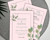 Simple Editable Botanical Wedding Invite Suite Template Canva | 5x7 A5 DIY Digital Download | Blush Pink and Green Tropical Plant Invitation