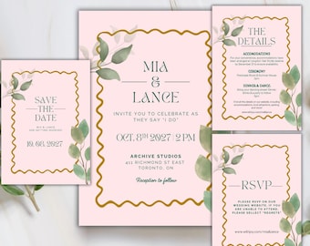 Pink Blush and Gold Wedding Invitation Set, Botanical, Editable Canva Template Bundle, Boho Suite, RSVP