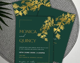 Invitación de boda editable verde Canva / Invitación botánica de lujo / Descarga digital 5x7 A5 / Invitación de boda con hoja de oro esmeralda / Moderna