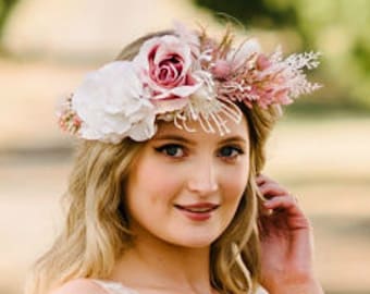 Wedding Pastel Pink Flower Crown Hair Wreath Floral Headband Dried Flower Crown Look Bridesmaid Floral Crown Boho Flower Crown Flwr Ice Pink