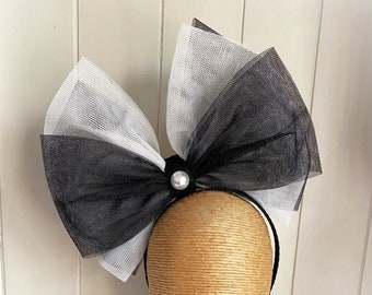 Black, White Bow Black, White Veil Derby Day Fascinator Race Day Tulle Headband Bow Fascinator Spring Racing Carnival Headband Bow Veil