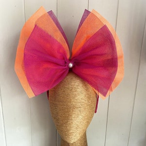 Orange Hot Pink Hair Bow Race Day Tulle Headband Bow Crown Fascinator Spring Racing Carnival Headband Tulle Orange Bow Headpiece Bow