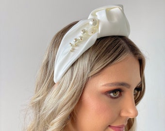 Ivory Satin Wedding Headband, Ivory Bridal Headband, Ivory Headband, Ivory Pearl Knotted Headband, Ivory Pearl Headband,  Knotted Headband