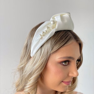 Ivory Satin Wedding Headband, Ivory Bridal Headband, Ivory Headband, Ivory Pearl Knotted Headband, Ivory Pearl Headband,  Knotted Headband