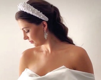 Witte hoofdband, witte tule hoofdband, witte parel gewatteerde hoofdband, witte bruids hoofdband, witte bruiloft hoofdband, witte getextureerde hoofdband